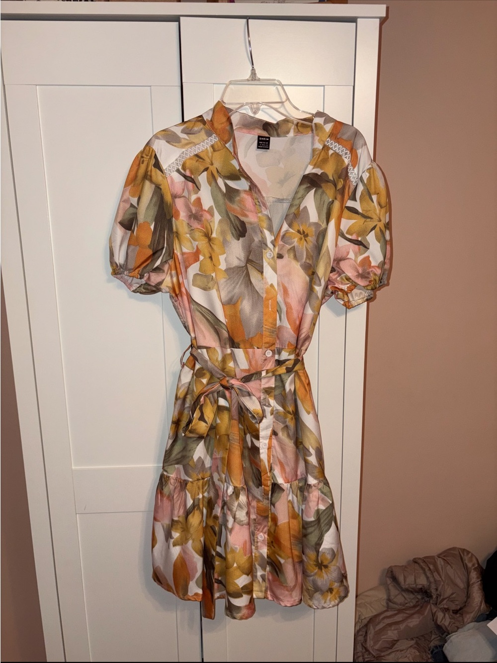 SHEIN Yellow & Pink Floral Puff-Sleeve Button Dress